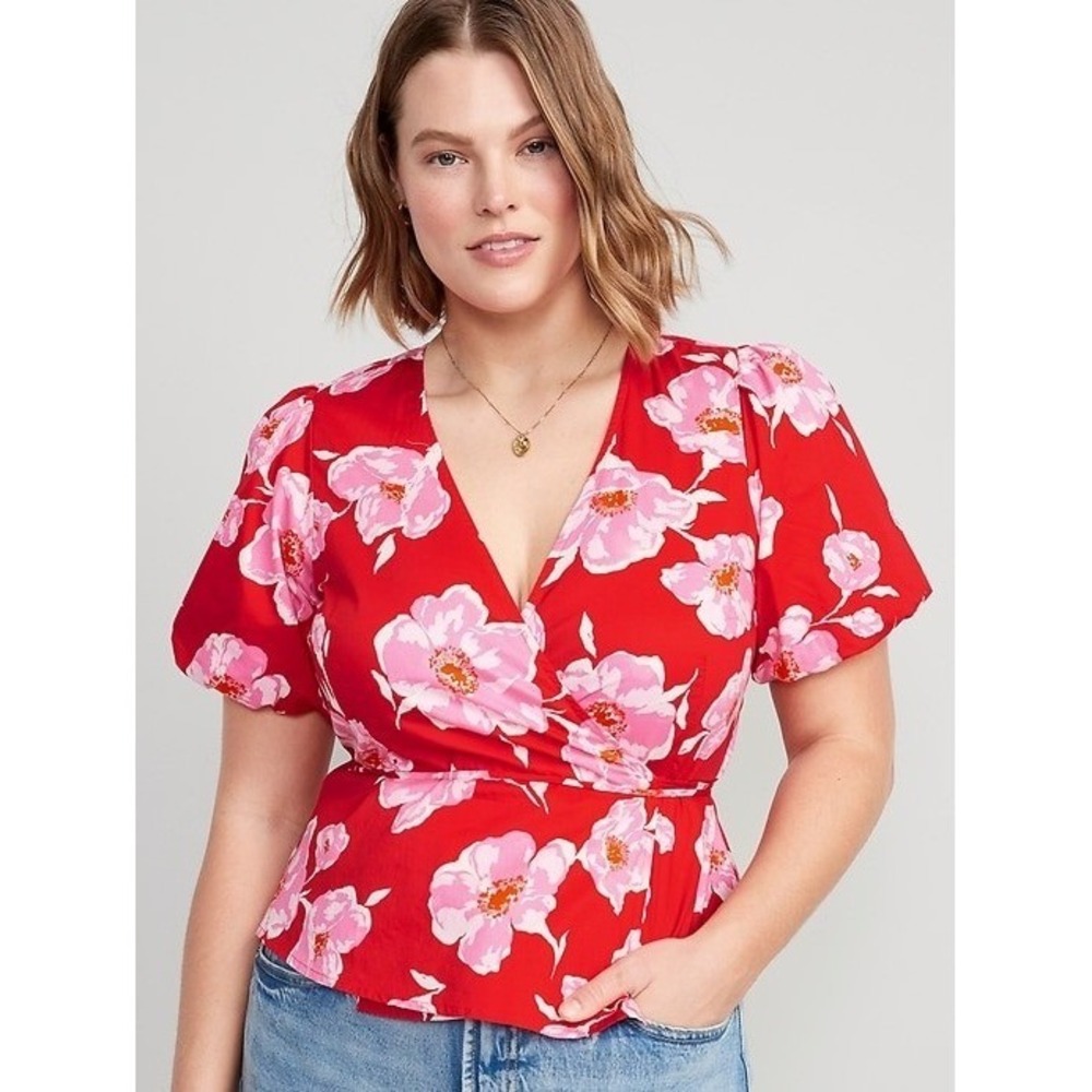 Old Navy Puff Sleeve 100% Cotton Size XXL Tall Pink Floral Wrap Top Cottagecore